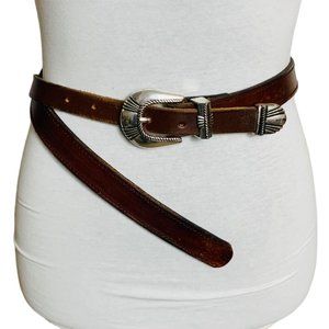 VTG Womens French Cuir Vachette Belt Skinny Southwestern Sz XL Brown Leather 90s